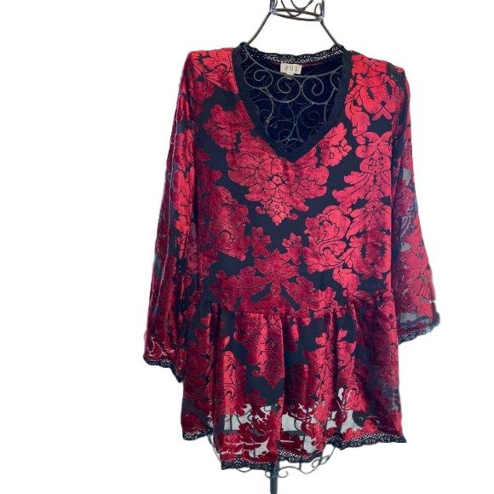 POL Burnout Velvet Bell Sleeve Holiday Top Tunic